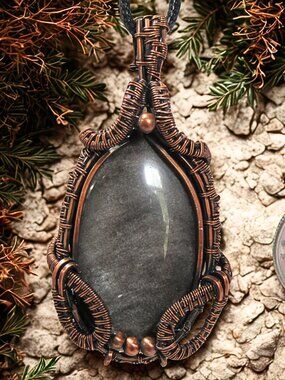 Handmade Wire Wrapped Silver Sheen Obsidian Crystal Necklace Copper Wire